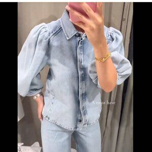 Zara ZW COLLECTION DENIM BLOUSE Puff sleeves Light Blue S M L NWT 7563/059